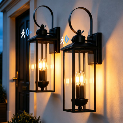 Lanterne murale 2 lumières H 20 "noir mat avec abat-jour en verre transparent Dusk To Dawn