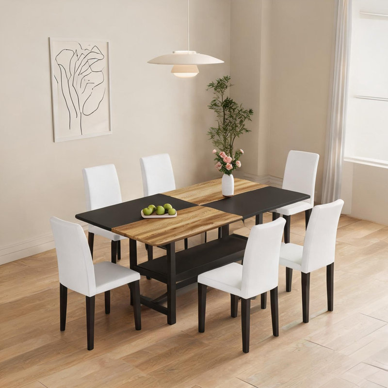 Ensemble de salle à manger pour 6 personnes avec table en bois brun de 71 pouces et chaises en panneau de fibres à densité moyenne noires, pieds en métal noir classique