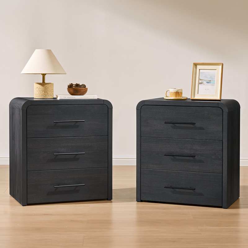 Auralis Organic Modern 3 Drawer Nightstand Set Of 2 With Curved Waterfall Design And Spacious Storag