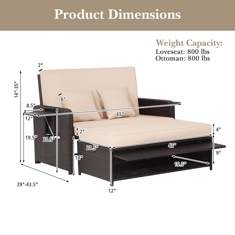 Boden 65" W Wicker Patio Daybed with Ottoman and Side Trays, Beige/Brown