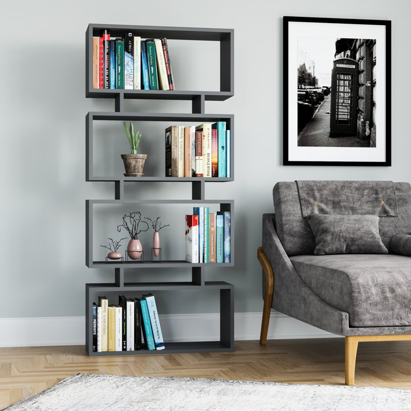 Priestley 161cm H x 72cm W Geometric Bookcase, Anthracite
