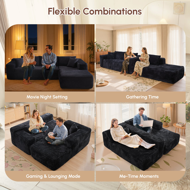 Ensemble de salon modulaire sans assemblage en L 3 pièces avec méridienne et fauteuil à billes sans accoudoirs Hogle, Noir