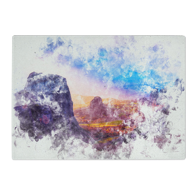 Tempered Glass Sunset over the Mountains in Greece Chopping Board, 28.5 cm x 39 cm