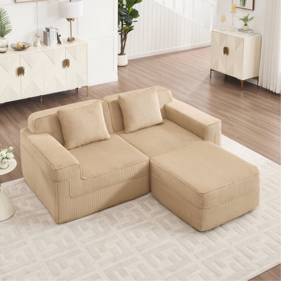 Canapé modulaire modulaire en L à 2 places sans os, canapé modulaire Cloud avec assise profonde, canapé modulaire moderne à 2 places avec coussins décoratifs et 1 repose-pieds mobile, tissu en velours côtelé