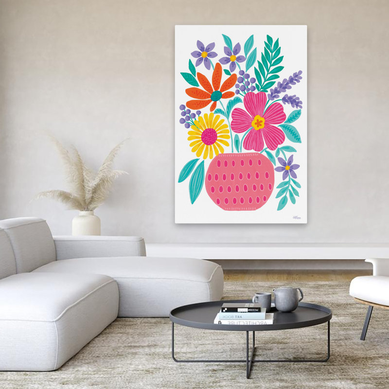 Fleurs roses en pot - Art populaire campagnard moderne, peinture florale, fleurs vives, style bohème, H 60 po x l 40 po
