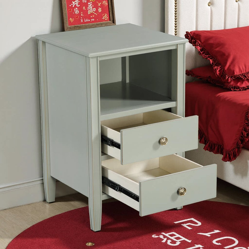 Winston 2-Drawer Nightstand with Open Shelf, Brushed Gold Knobs, Fluted Tapered Legs, No Assembly Required, Gray