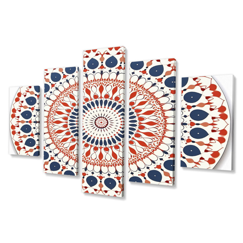 Boho Mandala en rétro bleu et orange III - Art mural sur toile, 5 panneaux