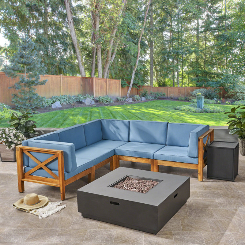 5 - Person Modular Patio Conversation Set with Cushions, Teak Frame / Blue Cushion