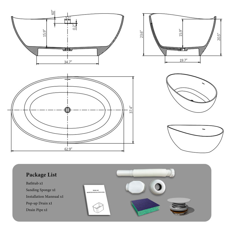 Freestanding Bathtubs Solid Surface Stone Soaking Tubs With Drain, Matte Black