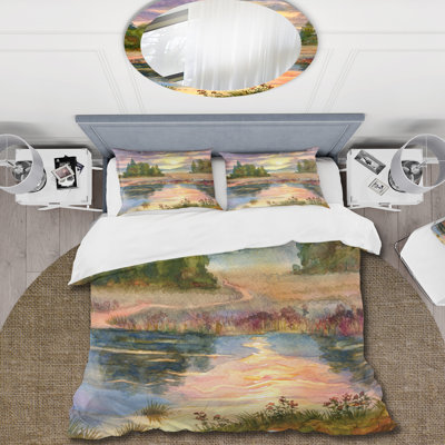 Coucher de soleil sur le lac I - Ensemble de housse de couette traditionnel - Microfibre de polyester