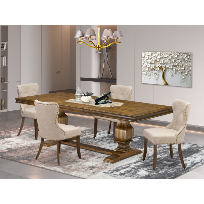 L'ensemble de salle à manger 5 pièces Mid Century comprend une table de salle à manger moderne et 4 chaises modernes en tissu de lin brun clair avec dossier capitonné - Finition noyer antique