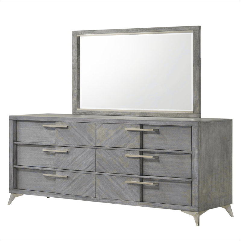 Commode 6 tiroirs en placage assorti gris