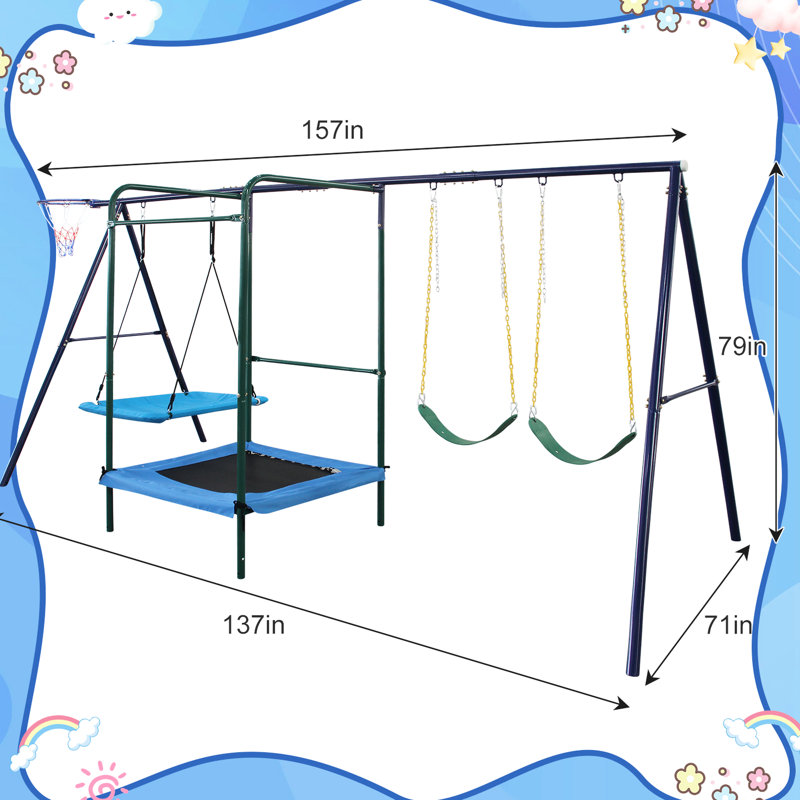 Balançoire 4 en 1 avec ceinture, trampoline, jante de panier - balançoire en acier multicolore, cadre lourd, mousquetons à haute charge, cordes réglables et processus d'installation rapide