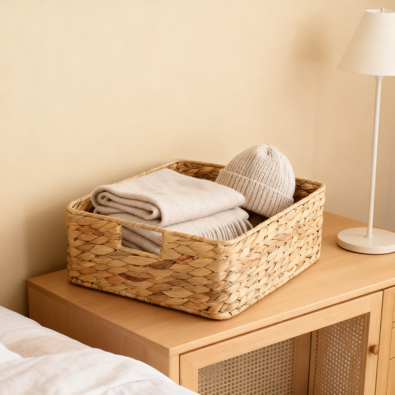 YAHUAN Handwoven Water Hyacinth Storage Basket, Natural Fiber Rectangular Organizer With Handles For Home And Office Decor