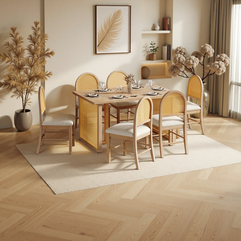 Ensemble de salle à manger de ferme 7 pièces - Table en chêne rustique avec 6 chaises en rotin, Naturel