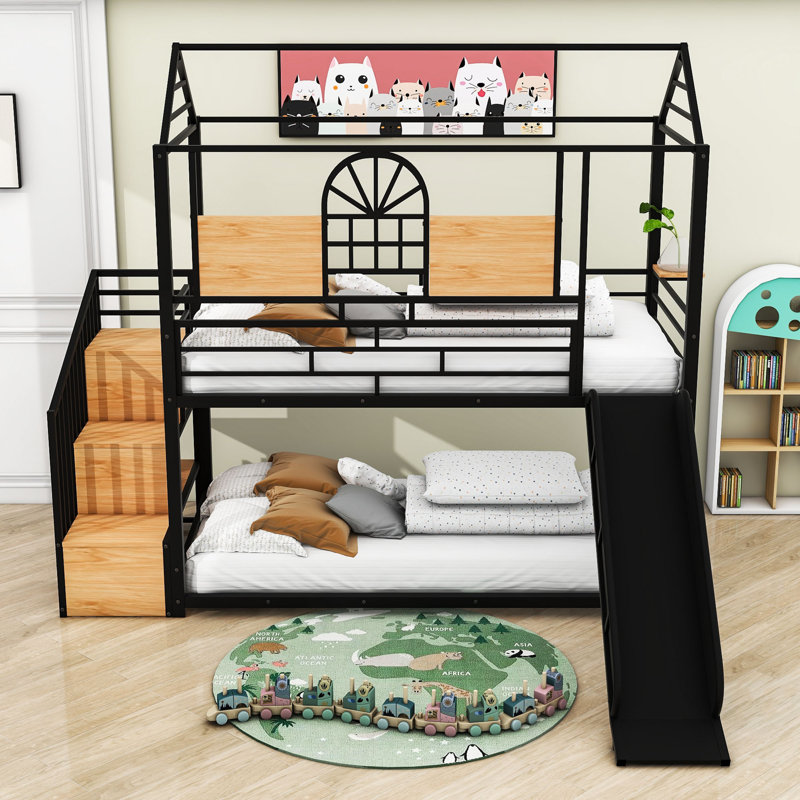 Miskell Kids Twin Over Twin Metal Bunk Bed with Slide and Shelves, Black, Black