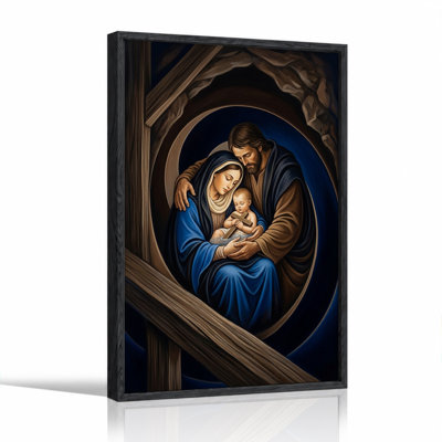 Mary And Joseph With Baby Jesus Holding Wooden Cross Canvas Wall Art
