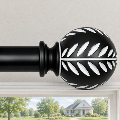 Black Boho Wood Curtain Rod for 28 to 48 Inch Windows, featuring a Heavy-Duty 1 inch Diameter, Imitation Wood-Grain Leaf-Pattern Finials and an Adjustable Decorative Rod Set sized 28-58''