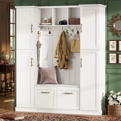 Hall Tree With Storage Bench, Entryway Organization, Cabinets With Adjustable Shelves, Open Cubbies, Modern Farmhouse, Mudroom