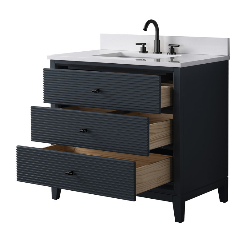 Meuble-lavabo autoportant à simple cuve 36 po avec plateau en marbre Caldwell, Bleu épinette rétro, Noir mat, Blanc Ariston