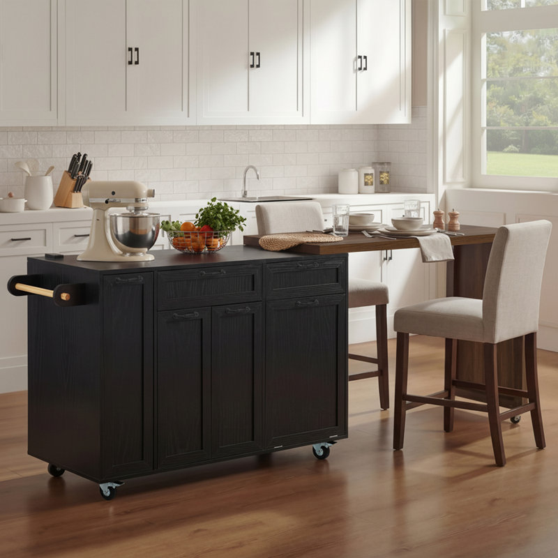 Expandable Kitchen Cart with Pull-Out Spice Rack, Trash Bin Compartment, Ample Storage and Lockable Wheels, Black