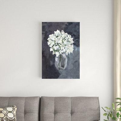 «White Flowers in Vase Watercolor Blue», reproduction d'art sur toile tendue