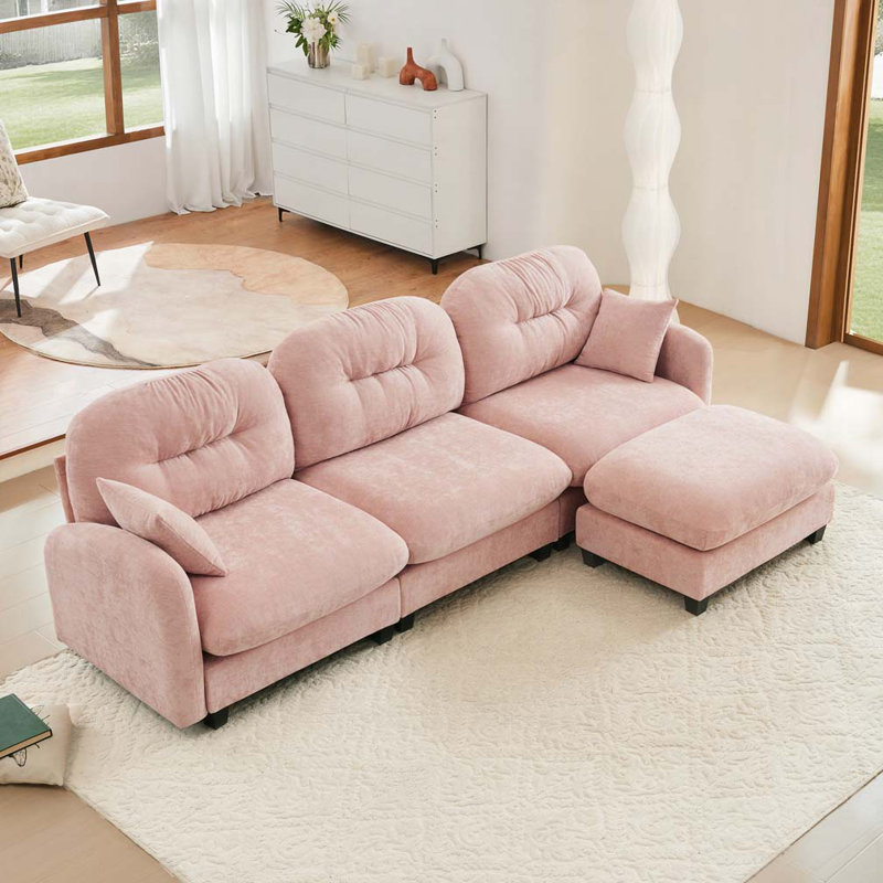Canapé modulaire en chenille 3 places avec 2 coussins et repose-pieds, Rose