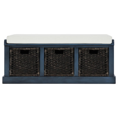 Rustic Storage Bench With 3 Removable Classic Rattan Basket , Entryway Bench With Removable Cushion (Antique Navy)