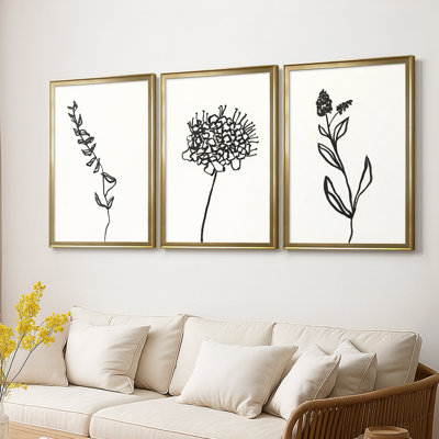 Ink Botanical Sketch IX  -Custom Framed  Wrapped Gallery Canvas - 3 Pieces