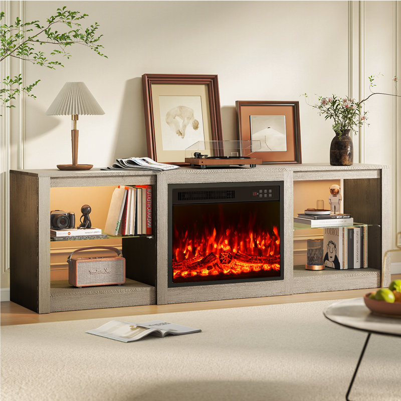 70'' Modern Fireplace Tv Stand With Led Lights & Adjustable Glass Shelves, Grey, Grey