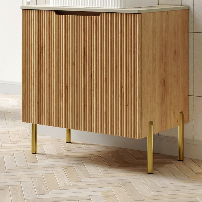 30" Turio Freestanding Roma Travertine-Pattern Sintered Stone Counter Top And Natural Woodgrain Plywood Cabinet With Two Doors, No Basin, No Faucet And Sink Cover