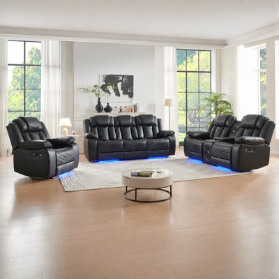 3-Piece Black PU Leather Power Reclining Sofa Set with Bluetooth Speakers, LED Lights, Center Console & Cup Holders.