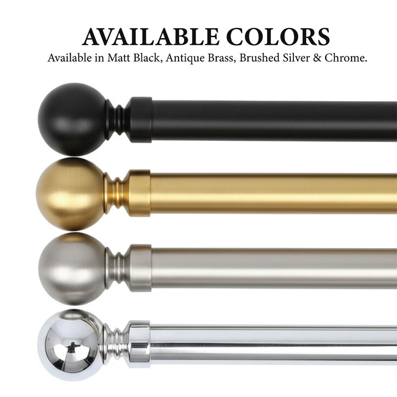 Premium Adjustable Curtain Pole Set with Brass Fittings & Rings., Matte Black, 120cm - 210cm