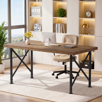 63" Solid Wood Desk,  Rectangle Computer Desk with Metal Legs, Simple Executive Desk for Home Office