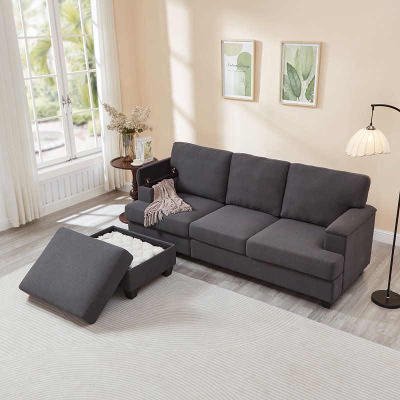 86" Linen Upholstered Sofa with a Movable Storage Ottoman, Underseat Storage and 2 Flip-up Armrests, Dark Gray
