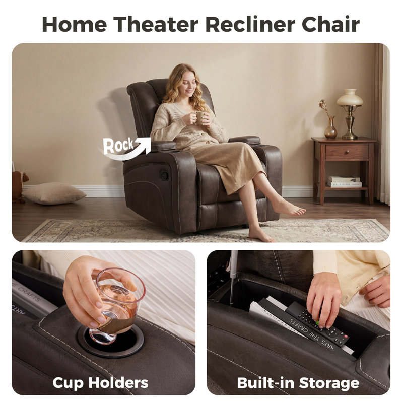 38'' Wide Manual Rocker Recliner with Cup Holders and Arm Storage for Living Room Theater and Home Theater