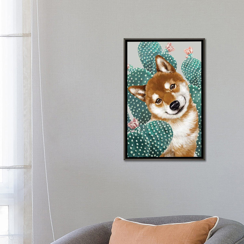 Shiba shiba avec cactus, Toile encadrée de bois rustique foncé, H 26 po x l 18 po x P 1,5 po
