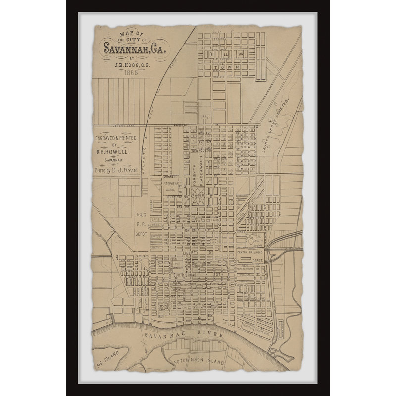 Carte de la ville de Savannah, Géorgie - impression sur papier encadré, H 24 po x l 16 po x P 1,5 po