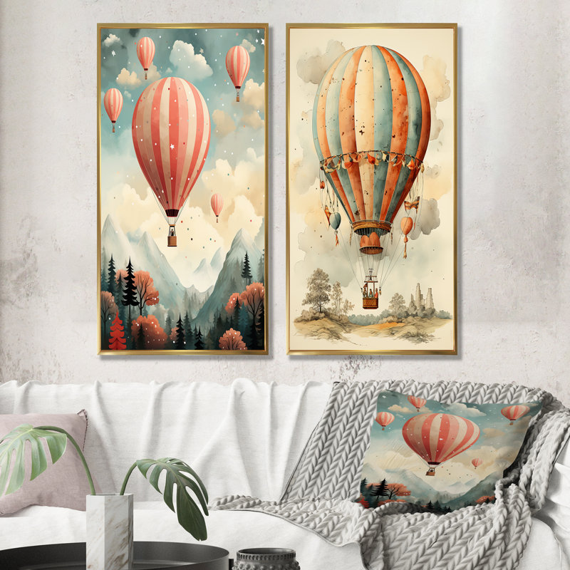 Classic Classic - Montgolfière - ensemble de 2 reproductions d'art sur toile, H 28 po x l 25 po, Encadrement doré