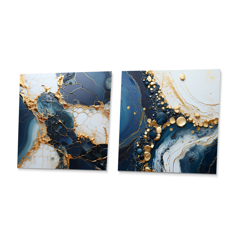 Gold And Blue Marble Ink Art I - Abstract Liquid Ink Metal Wall Decor Square Set of 2, 16" H x 32" W