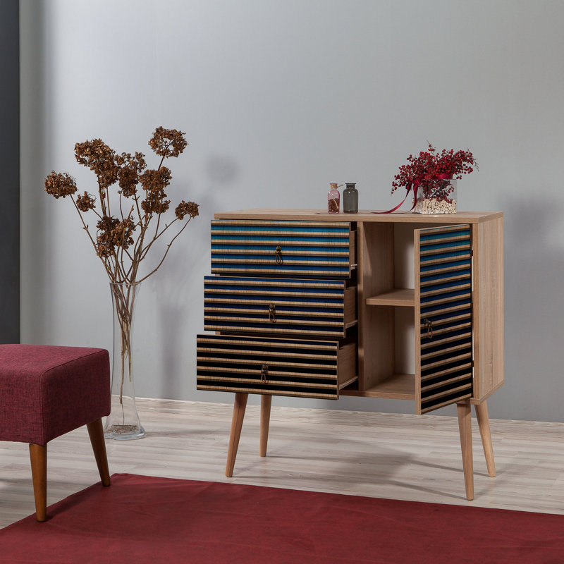 Commode combinée 3 tiroirs l 35,4 "Schulters, Bleu/noir/beige