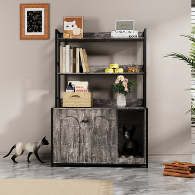 Indoor Cat Cabinet With Grey Hue, Shelf Storage, Double Doors, And Scratch Pad, A Hidden Litter Box Enclosure Large Enclosure: Quality Pad