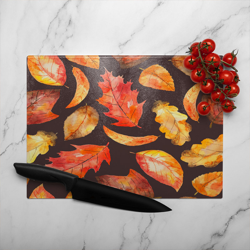 Autumn Leaves On Glass Chopping Board, 28cm L x 20cm W