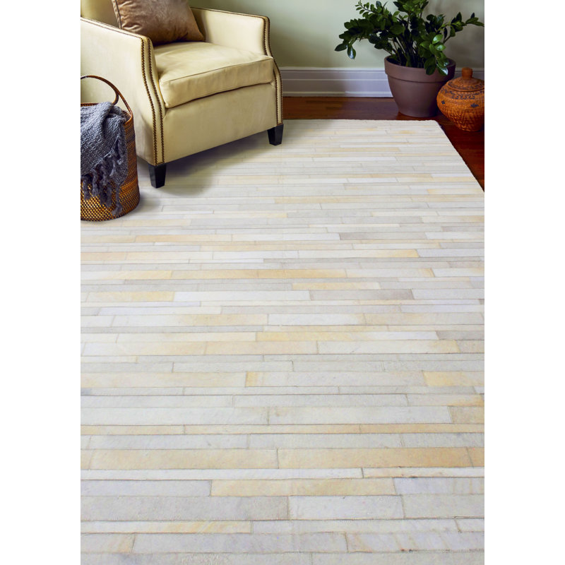 Ivory Striped Handmade Cowhide Rectangular Rug 4' x 6'