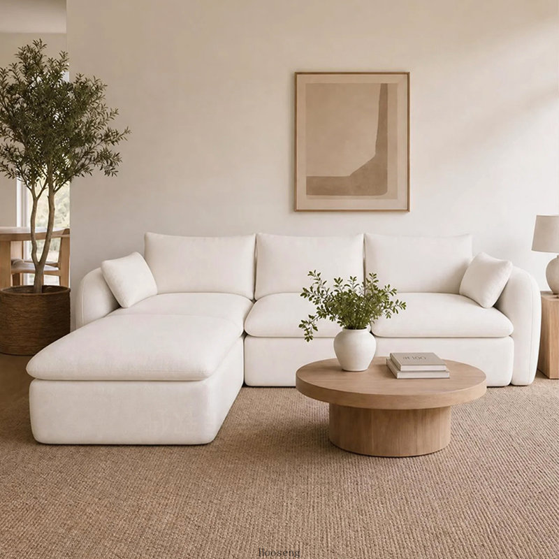 Canapé de coin comprimé en mousse haute résilience, canapé modulaire en chenille blanche en forme de L