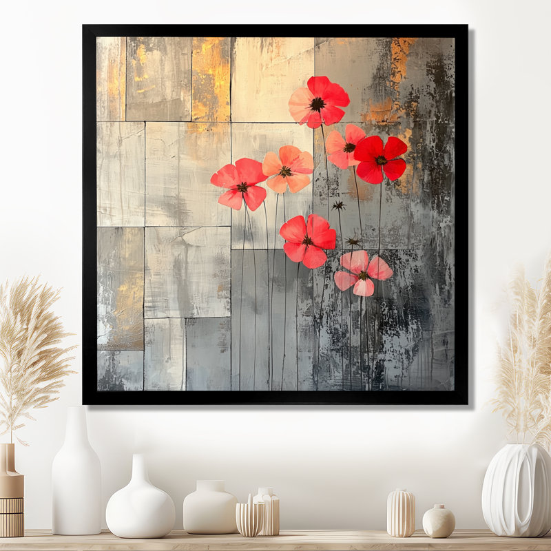 Fleurs de géraniums sur pierres - Art mural sur toile géraniums, Reproduction encadrée d'une seule photo sans pass