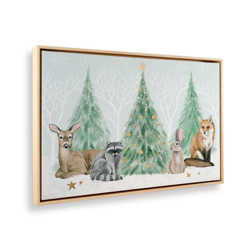 Imprimé d'arbres des Fêtes avec des animaux des bois, H 12,75 po x l 18,75 po x P 1,75 po, Encadrement brun