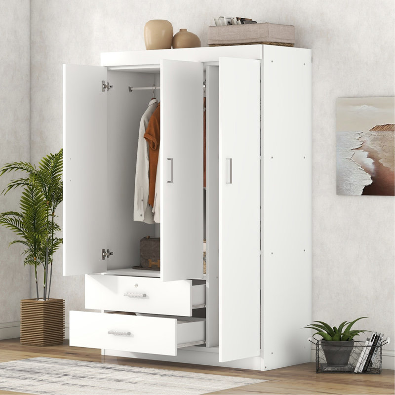 Armoire 3 portes avec 2 tiroirs, blanc