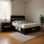 Ensemble de chambre à coucher grand lit, noir, bois argenté, ensemble de 2 pièces avec table de chevet-131013450