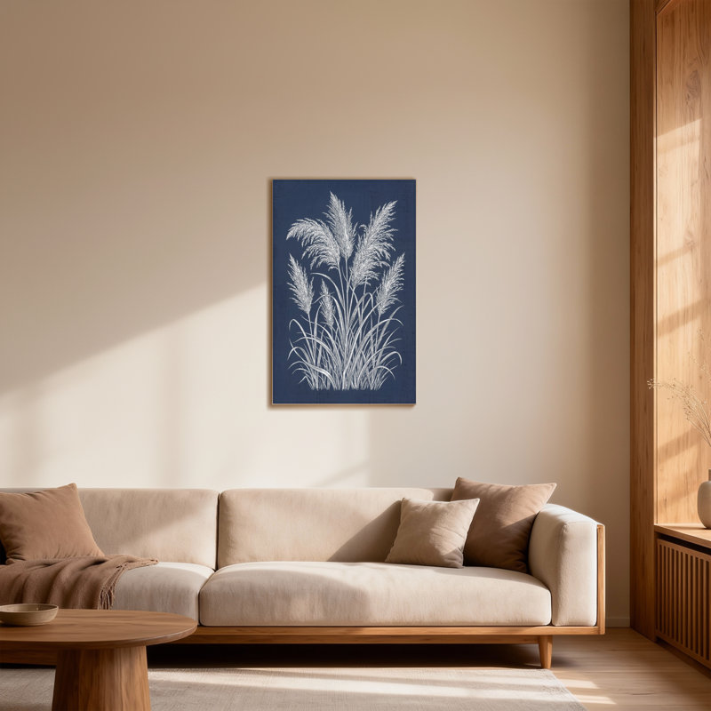Plantes et fleurs, herbe de pampa blanche sur fond bleu marine, H 48 po x l 32 po